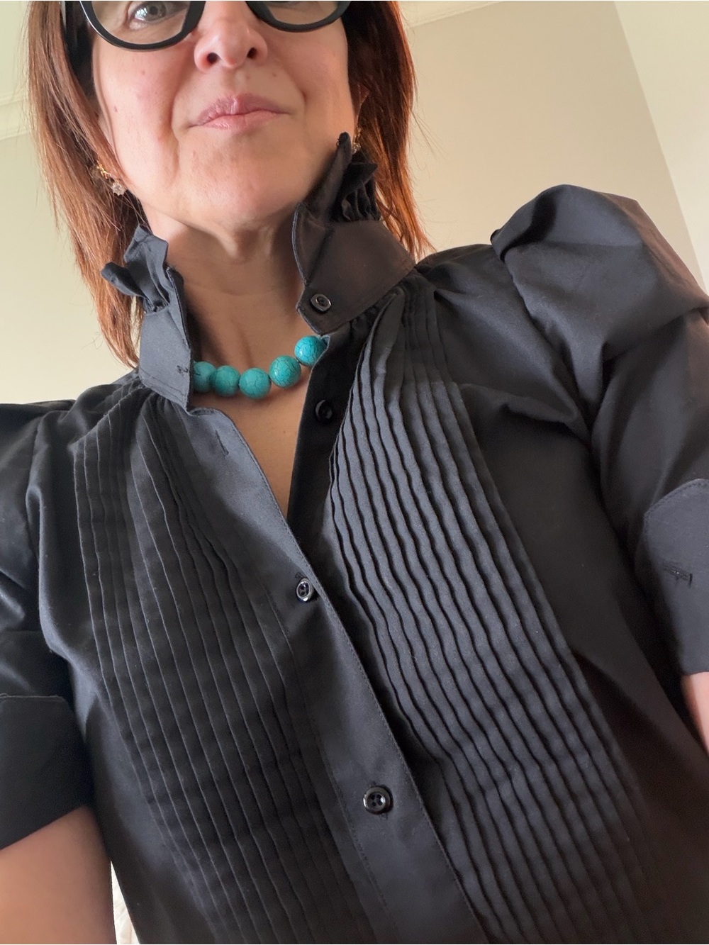KMJ TUXEDO - cotton- Black Pleated Front BONTINA Ruffled Collar Blouse - Women